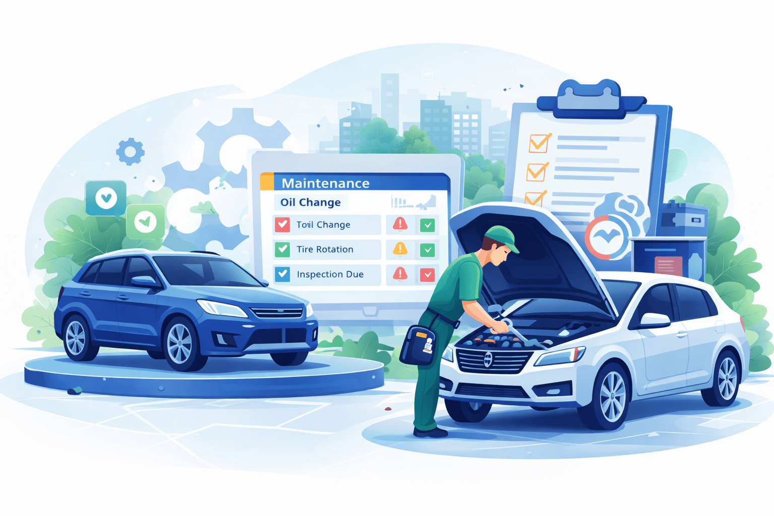 Car rental fleet maintenance management dashboard with mechanic inspecting vehicle and digital service checklist